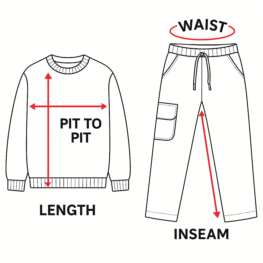 Measuring guide: pit to pit, length, waist and inseam